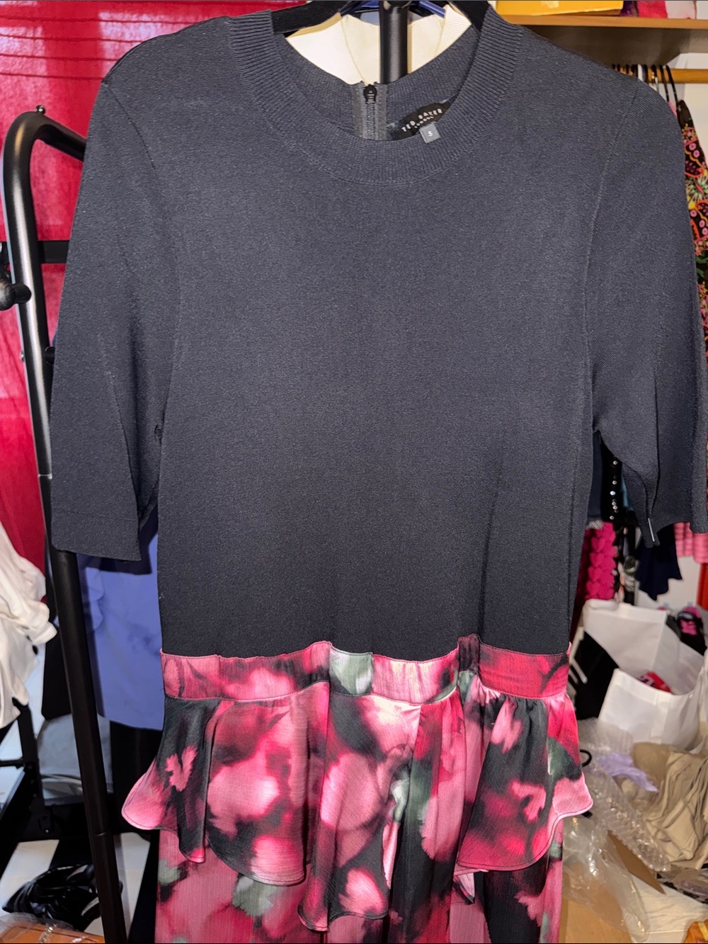 Ted Baker London Black Top with Pink Floral Tiered Skirt Dress